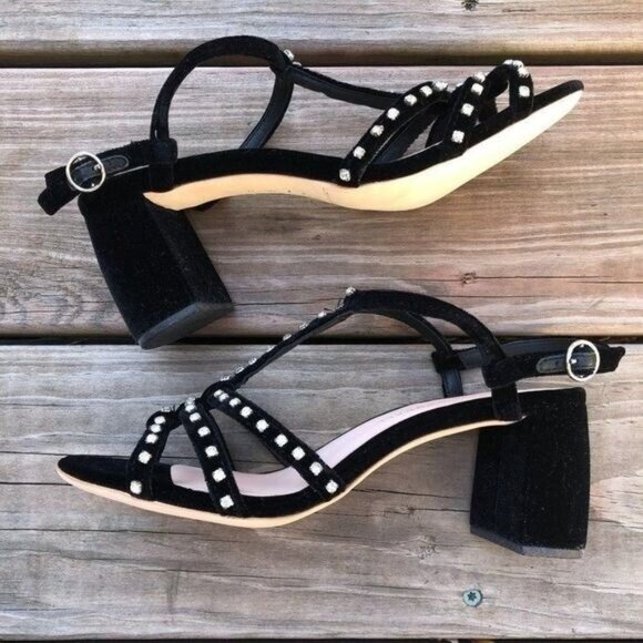 LOEFFLER RANDALL Elena Crystal-Embellished Sandals Heels Black Velvet Size 6 - Picture 1 of 7